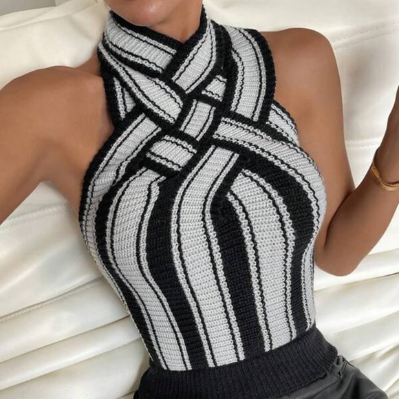Monarch Fashion Tops - Black and White  Striped Pattern Halter Knit Top